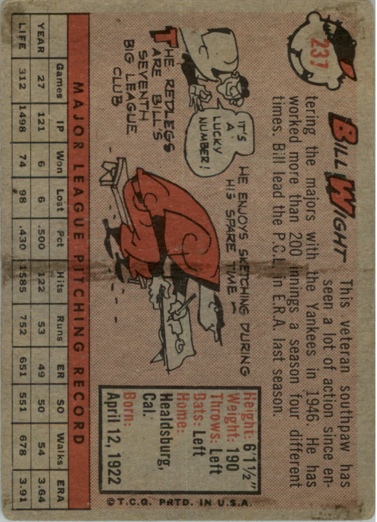 1958 Topps #237 Bill Wight back image