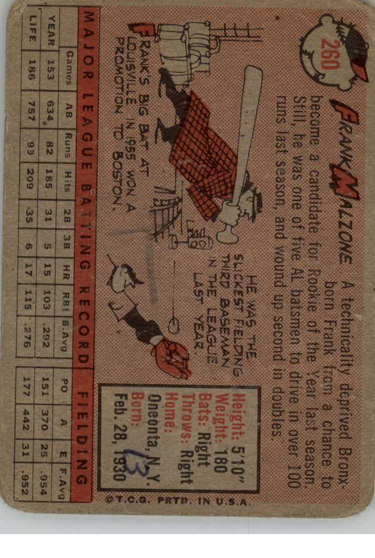 1958 Topps #260 Frank Malzone back image