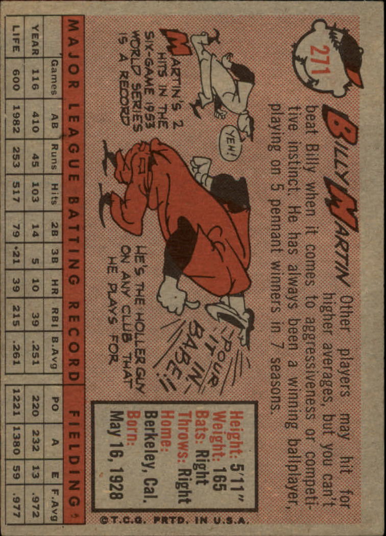 1958 Topps #271 Billy Martin UER/12 hits in the '53 WS, not 2 back image