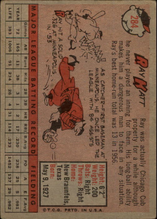1958 Topps #284 Ray Katt back image
