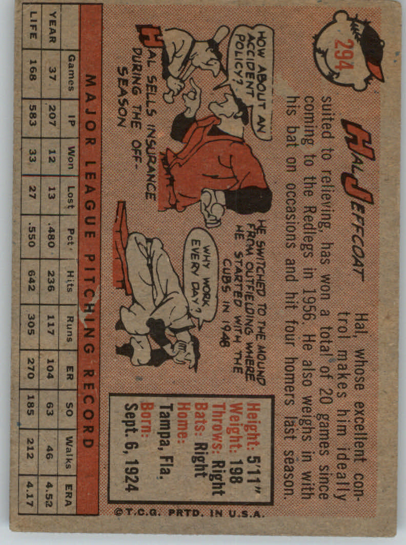 1958 Topps #294 Hal Jeffcoat back image