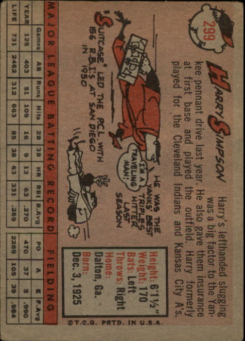 1958 Topps #299 Harry Simpson back image