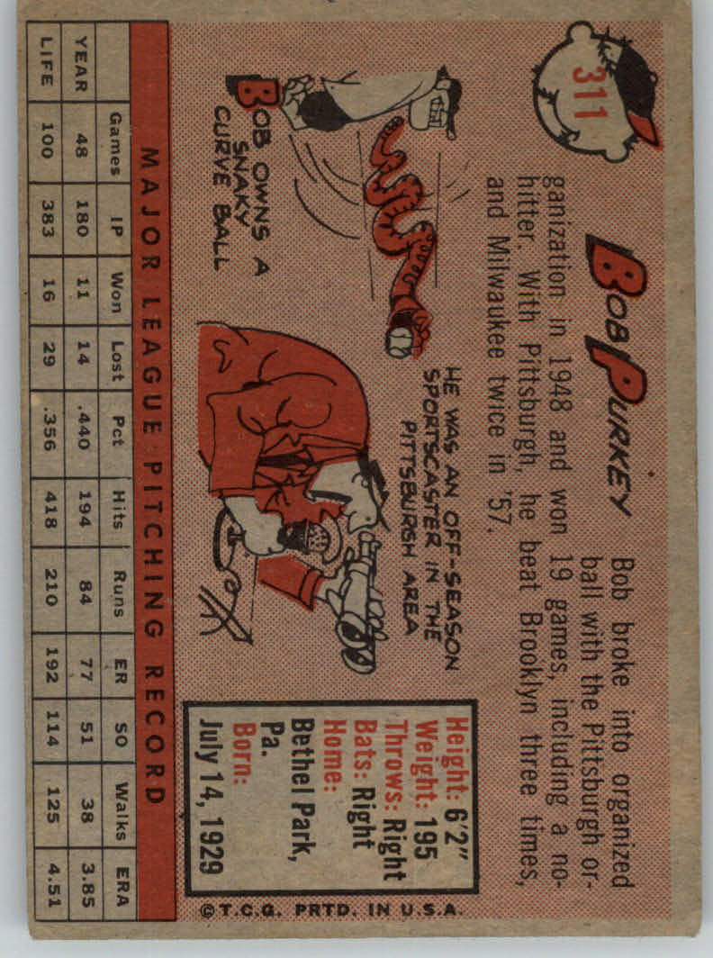 1958 Topps #311 Bob Purkey back image