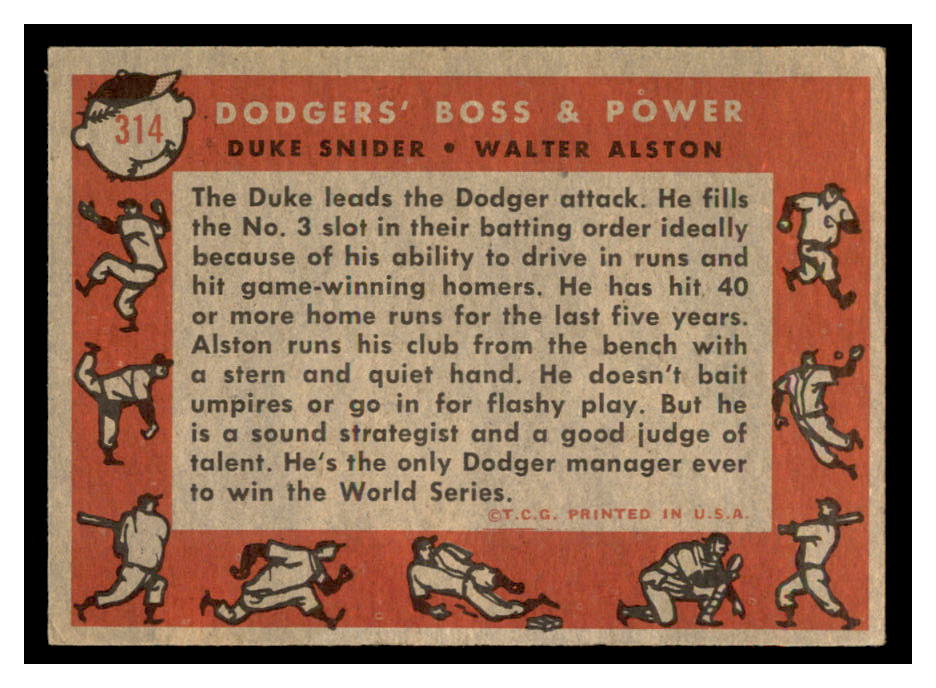 1958 Topps #314 Dodgers Boss and Power/Duke Snider/Walt Alston MG back image