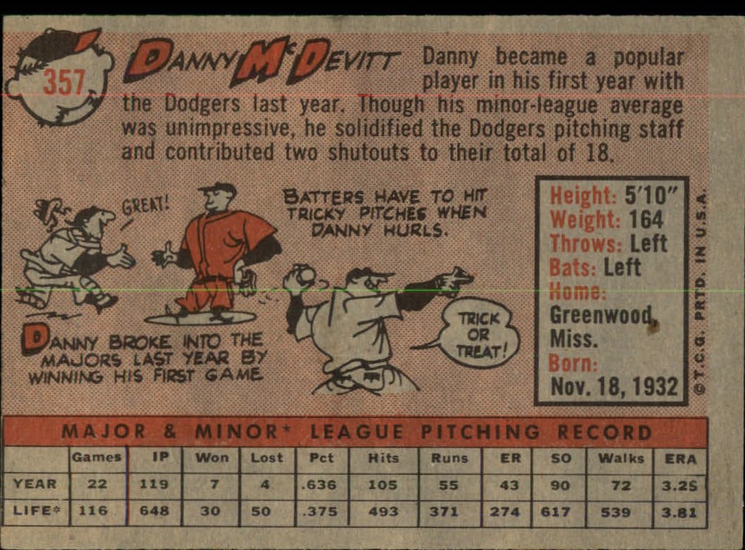 1958 Topps #357 Danny McDevitt RC back image