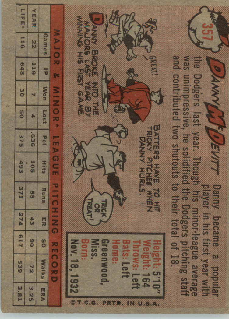 1958 Topps #357 Danny McDevitt RC back image