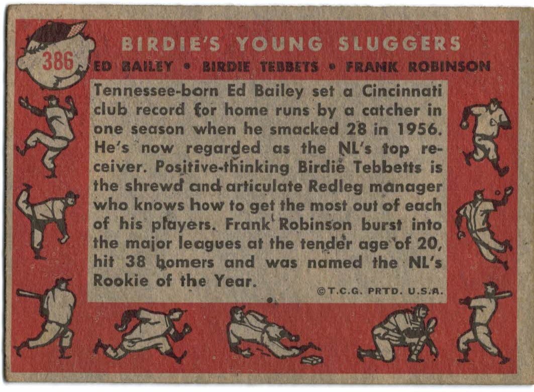 1958 Topps #386 Birds Young Sluggers/Ed Bailey/Birdie Tebbetts MG/Frank Robinson back image