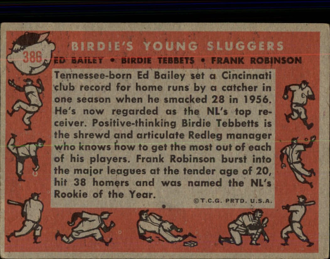 1958 Topps #386 Birds Young Sluggers/Ed Bailey/Birdie Tebbetts MG/Frank Robinson back image