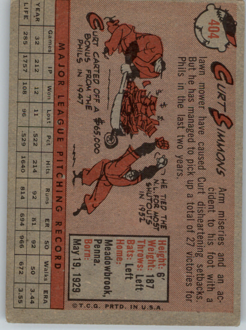 1958 Topps #404 Curt Simmons back image