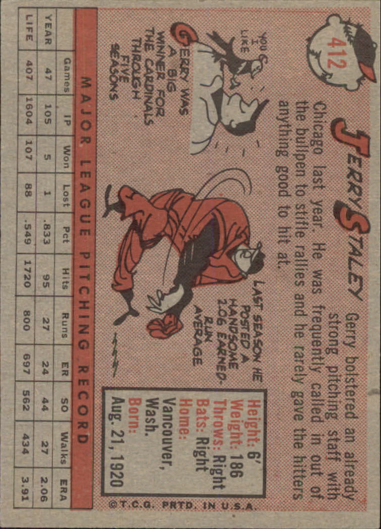 1958 Topps #412 Gerry Staley back image