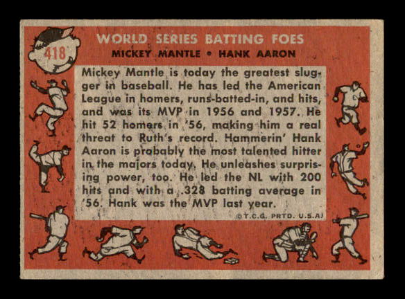 1958 Topps #418 World Series Batting Foes/Mickey Mantle/Hank Aaron back image