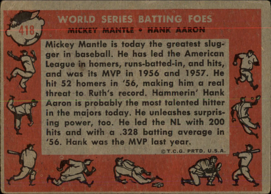 1958 Topps #418 World Series Batting Foes/Mickey Mantle/Hank Aaron back image
