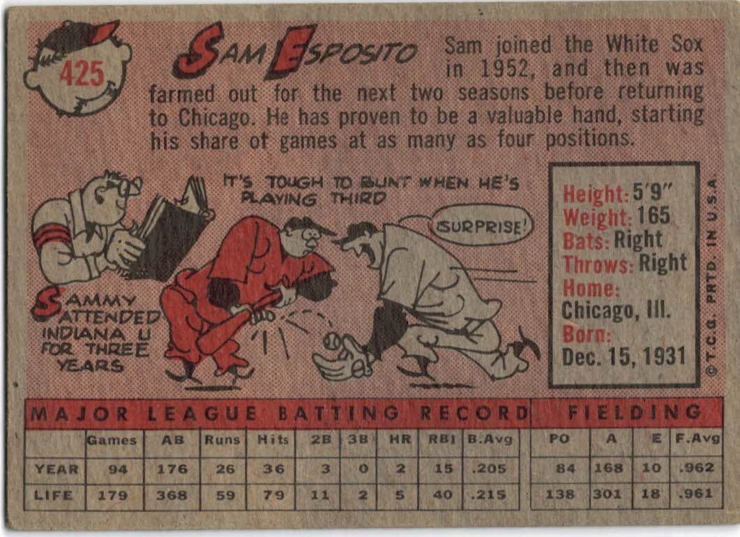 1958 Topps #425 Sammy Esposito back image