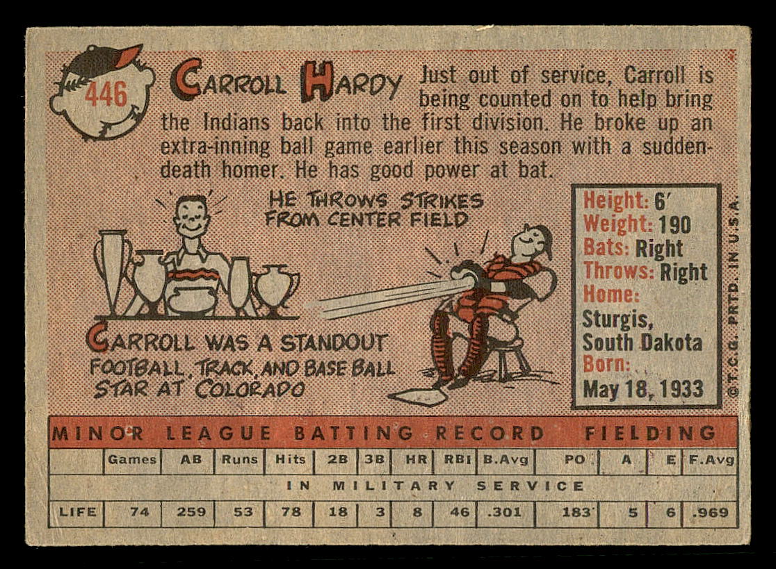 1958 Topps #446 Carroll Hardy SP RC back image