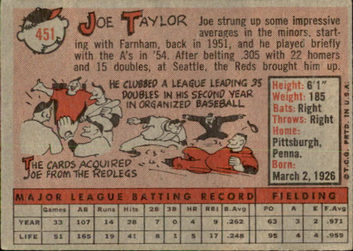 1958 Topps #451 Joe Taylor RC back image