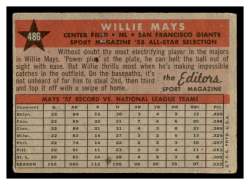 1958 Topps #486 Willie Mays AS back image
