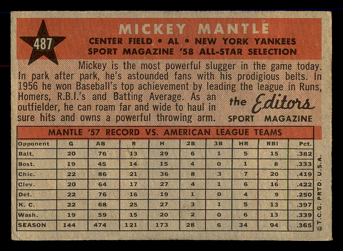 1958 Topps #487 Mickey Mantle AS TP back image