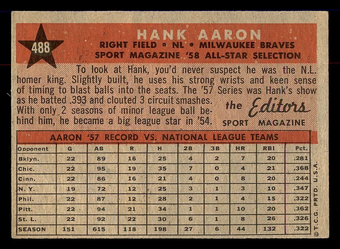 1958 Topps #488 Hank Aaron AS back image
