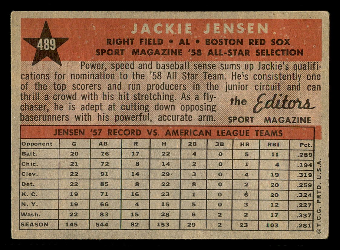 1958 Topps #489 Jackie Jensen AS back image