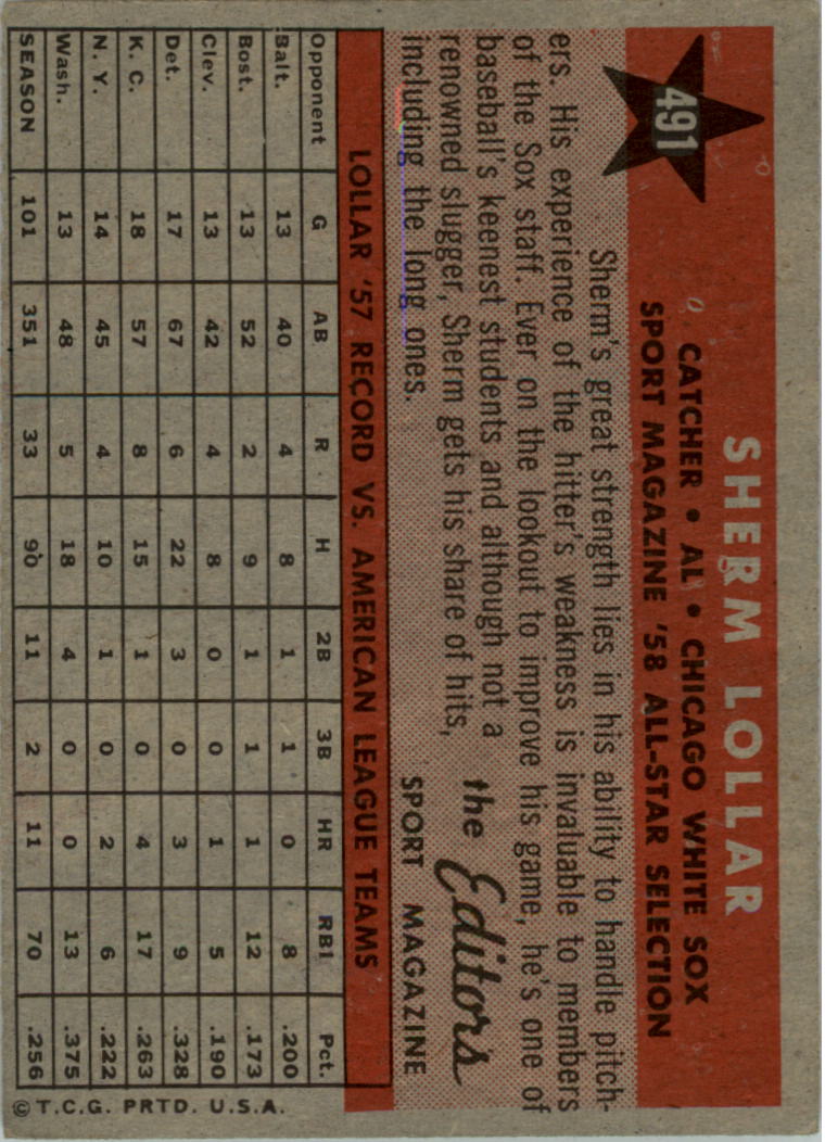 1958 Topps #491 Sherm Lollar AS back image