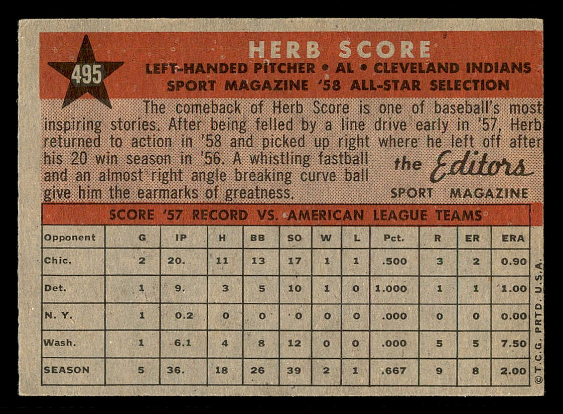 1958 Topps #495 Herb Score AS back image