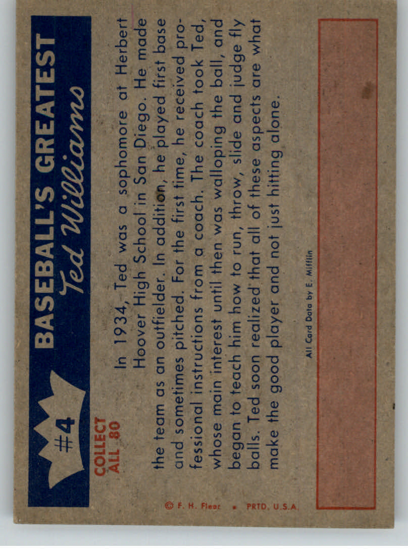 1959 Fleer Ted Williams #4 Learns Fine Points back image