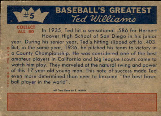1959 Fleer Ted Williams #5 Ted's Fame Spreads back image