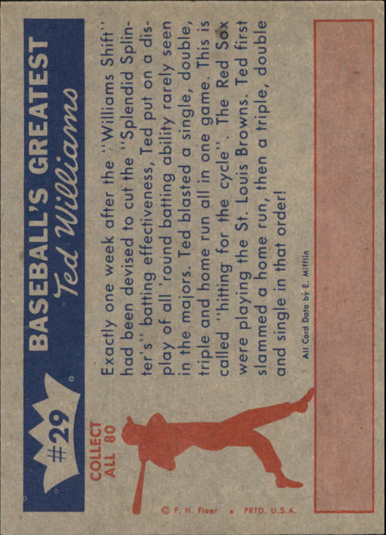 1959 Fleer Ted Williams #29 Ted Hits for Cycle back image