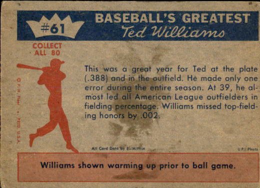 1959 Fleer Ted Williams #61 1957 Outfielder Ted back image