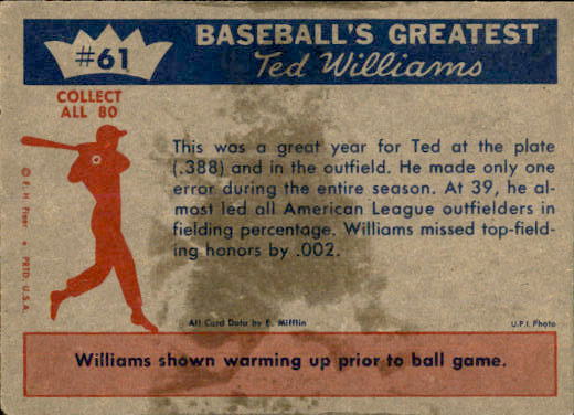 1959 Fleer Ted Williams #61 1957 Outfielder Ted back image