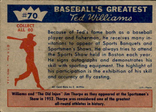 1959 Fleer Ted Williams #70 T.Williams/J.Thorpe back image