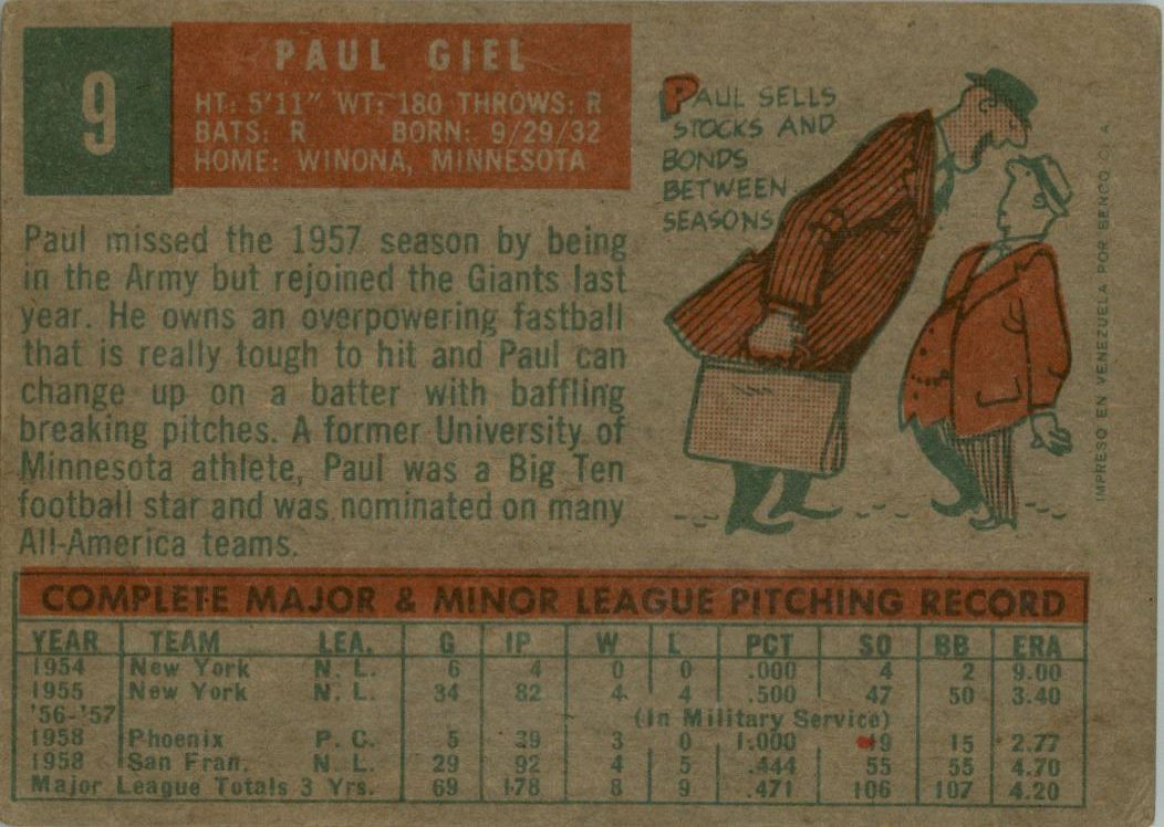 1959 Topps Venezuelan #9 Paul Giel back image