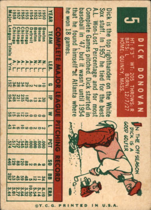 1959 Topps #5 Dick Donovan back image
