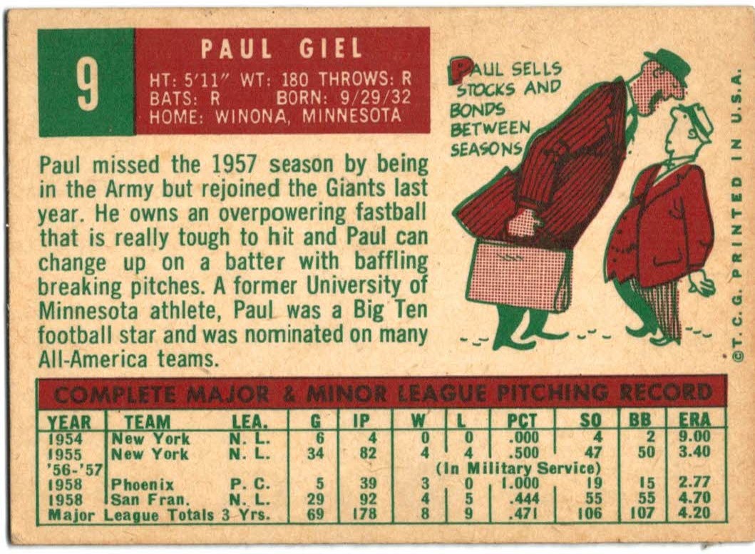 1959 Topps #9 Paul Giel back image