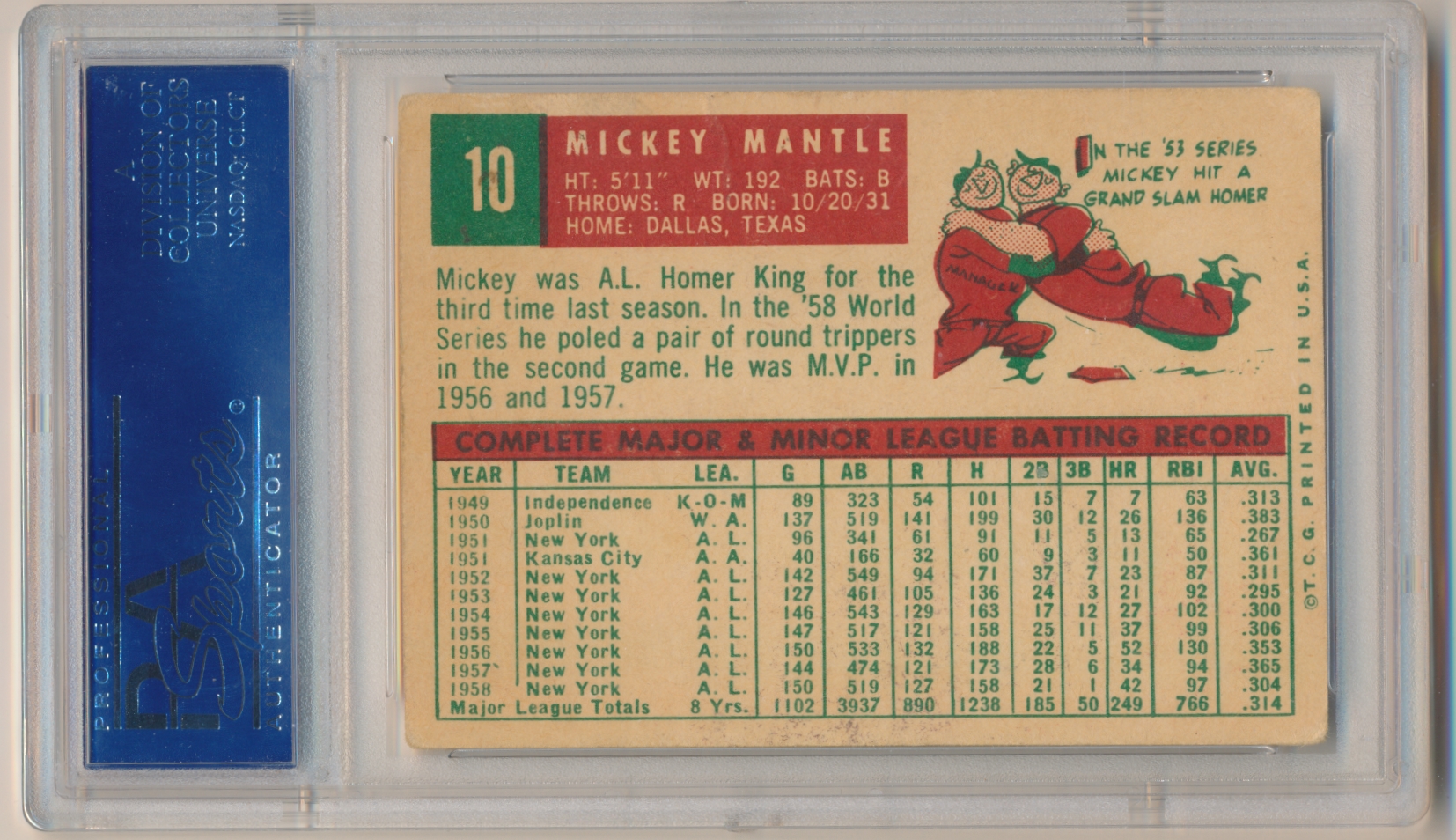 1959 Topps #10 Mickey Mantle back image