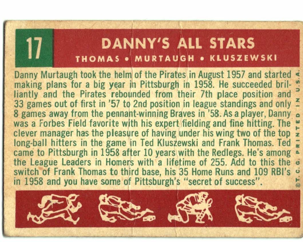1959 Topps #17 Danny's All-Stars/Frank Thomas/Danny Murtaugh MG/Ted Kluszewski back image