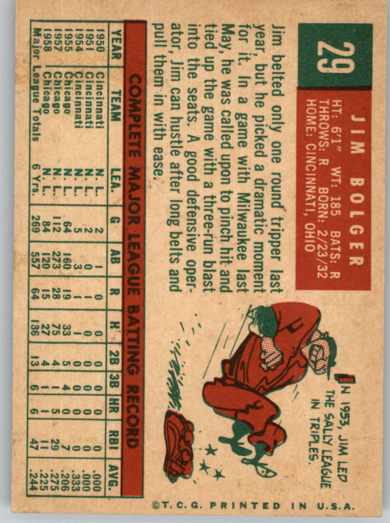 1959 Topps #29 Jim Bolger back image