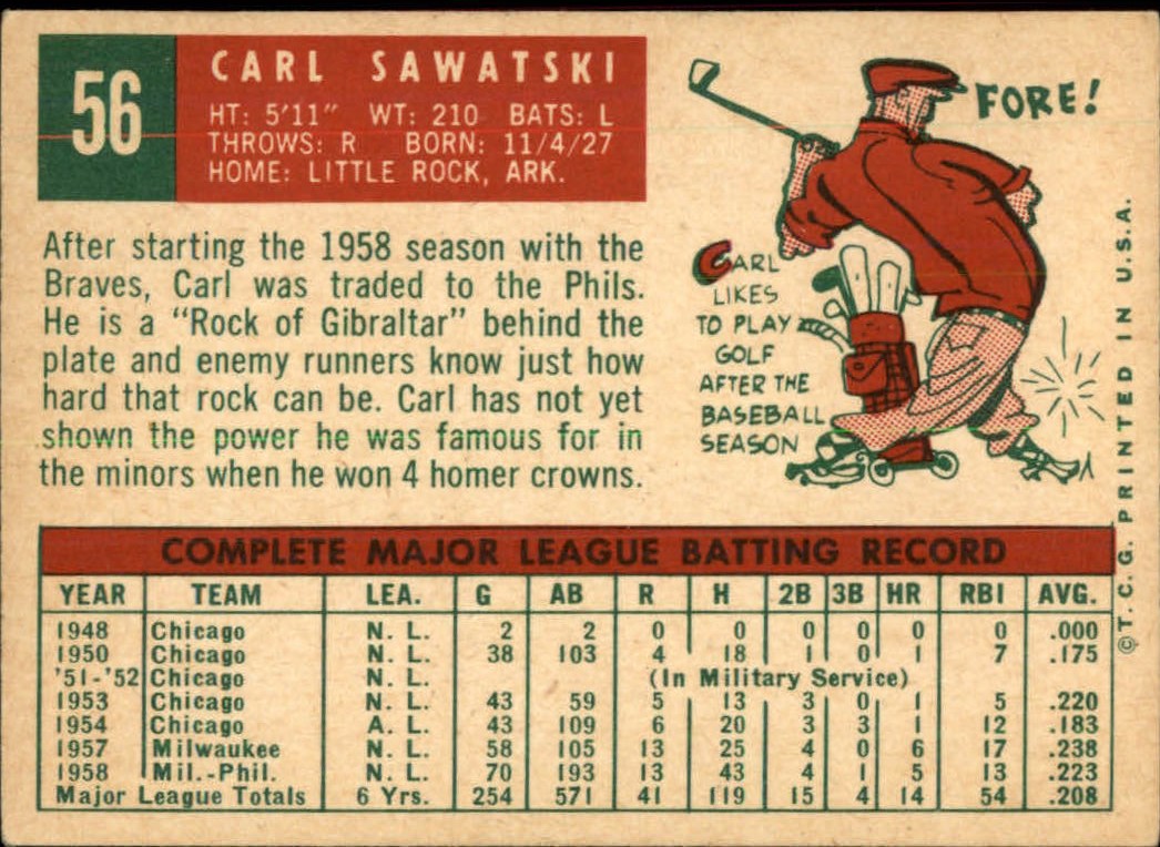 1959 Topps #56 Carl Sawatski back image