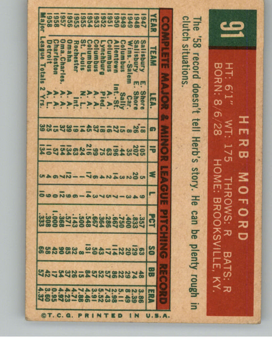 1959 Topps #91 Herb Moford RC back image