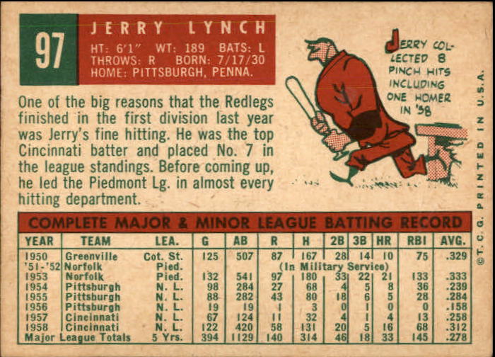 1959 Topps #97 Jerry Lynch back image