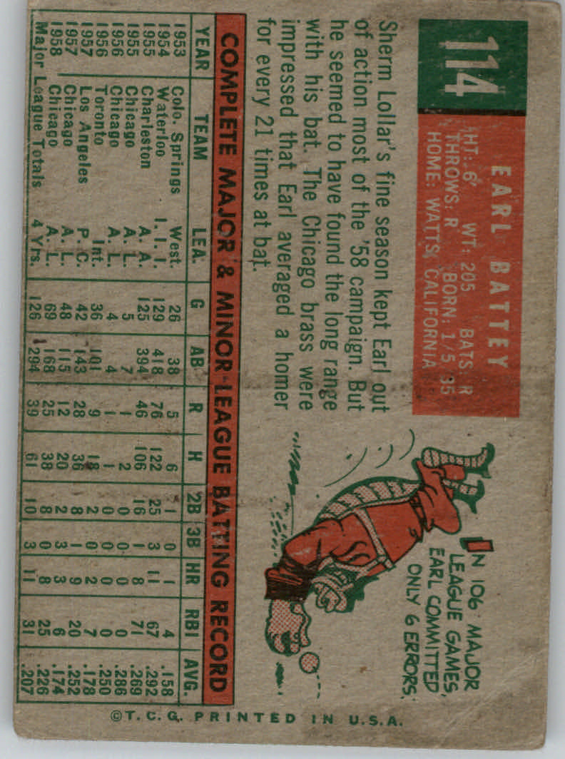 1959 Topps #114 Earl Battey back image