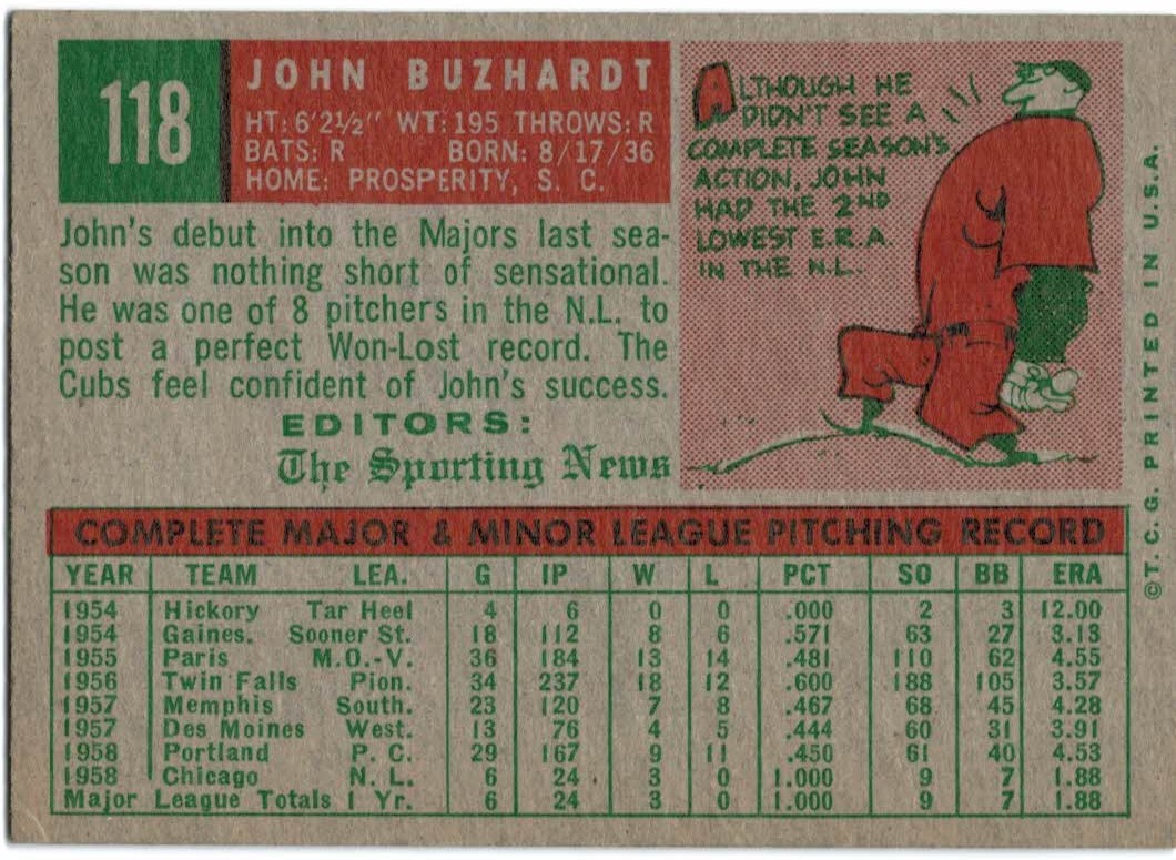 1959 Topps #118 John Buzhardt RS RC back image
