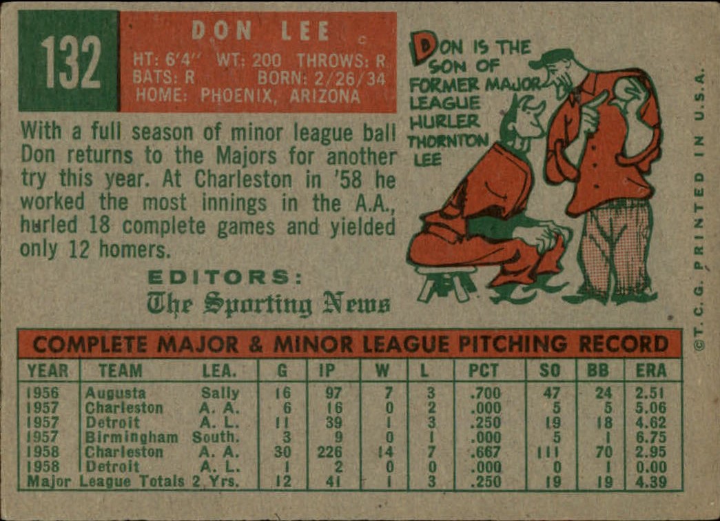 1959 Topps #132 Don Lee RS back image