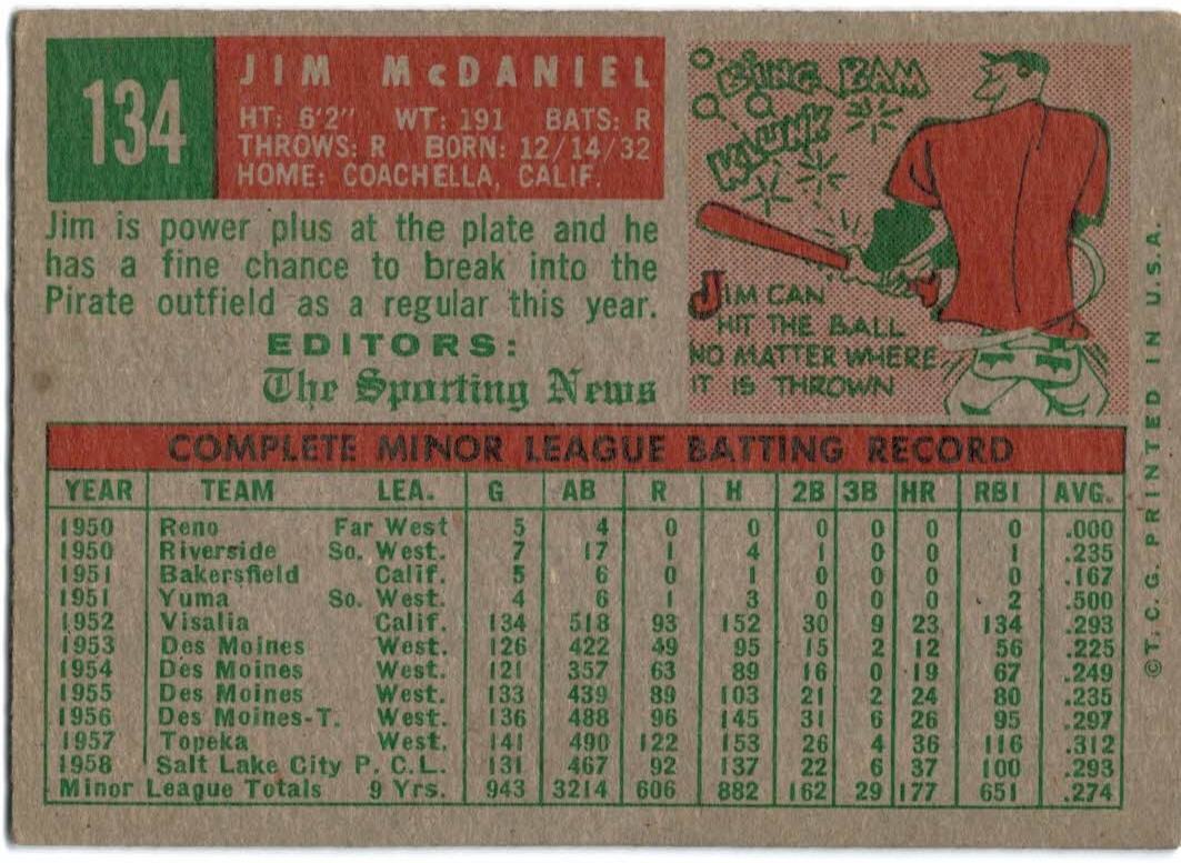 1959 Topps #134 Jim McDaniel RS RC back image