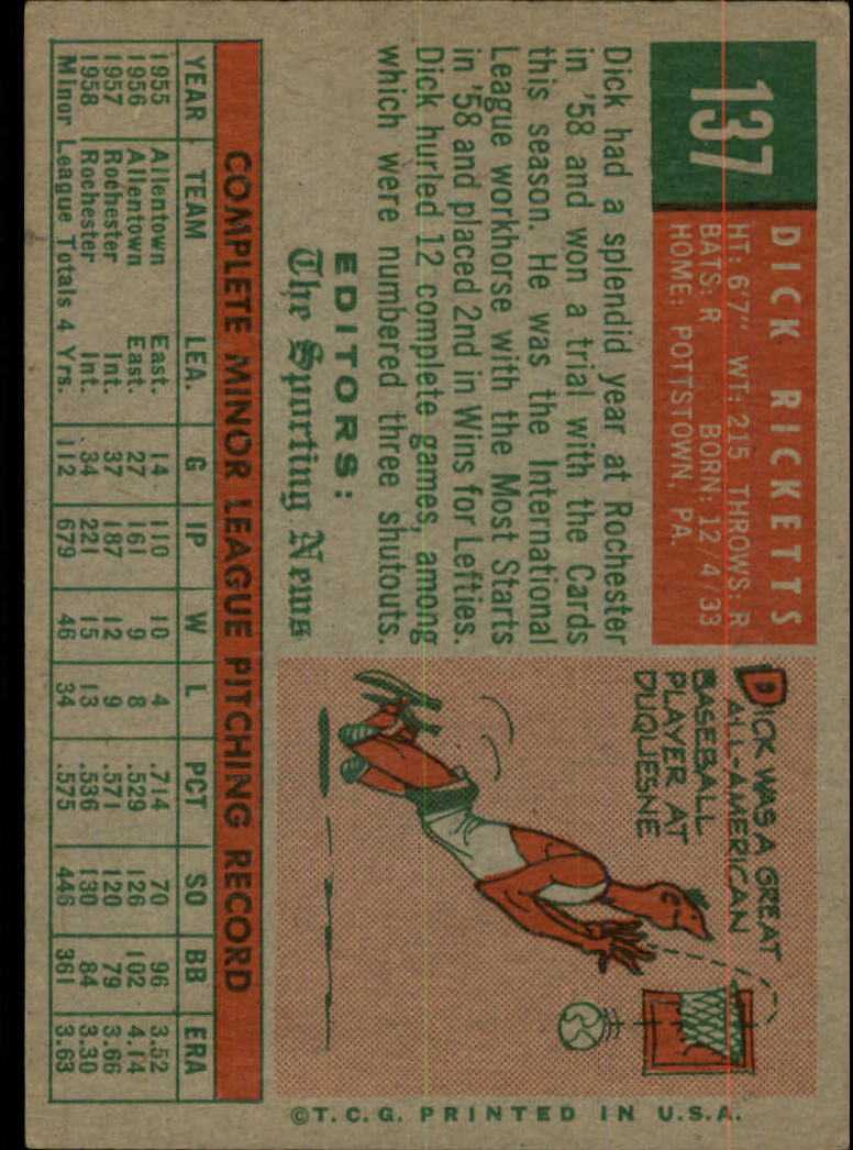 1959 Topps #137 Dick Ricketts RS RC back image