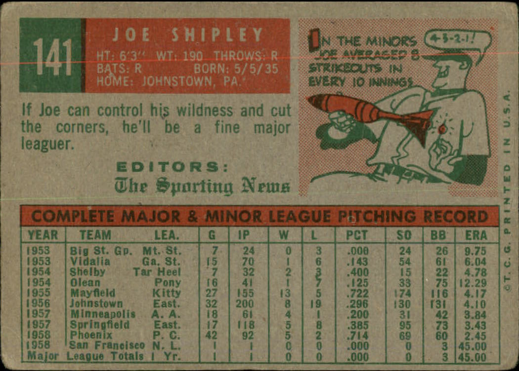1959 Topps #141 Joe Shipley RS RC back image