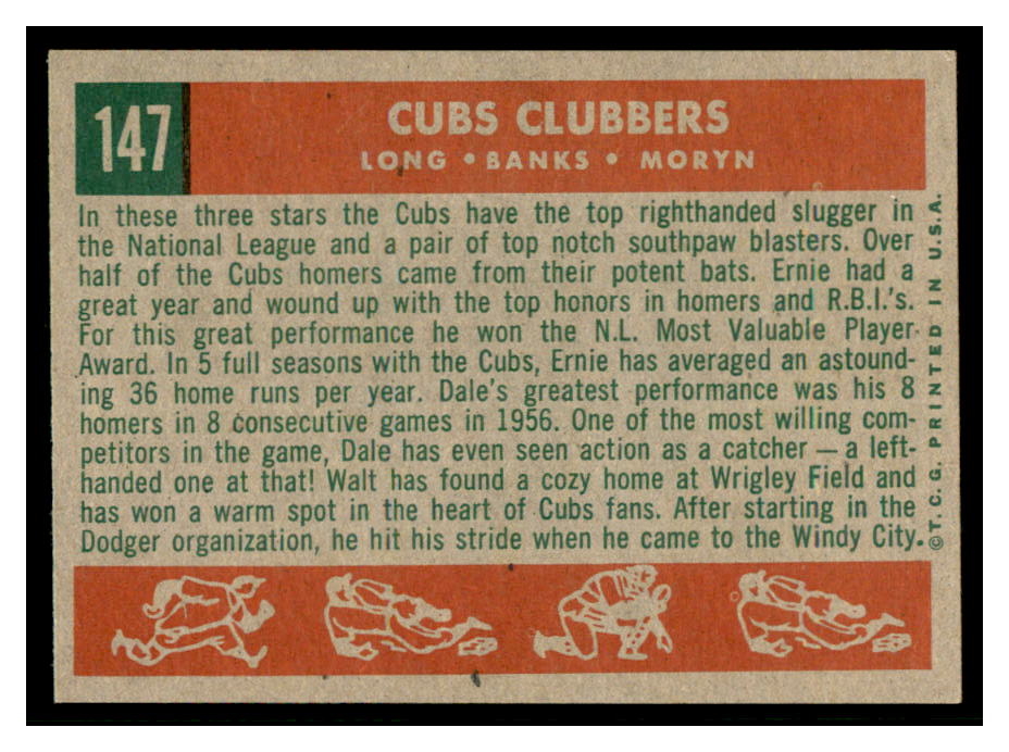 1959 Topps #147 Cubs Clubbers/Dale Long/Ernie Banks/Walt Moryn back image