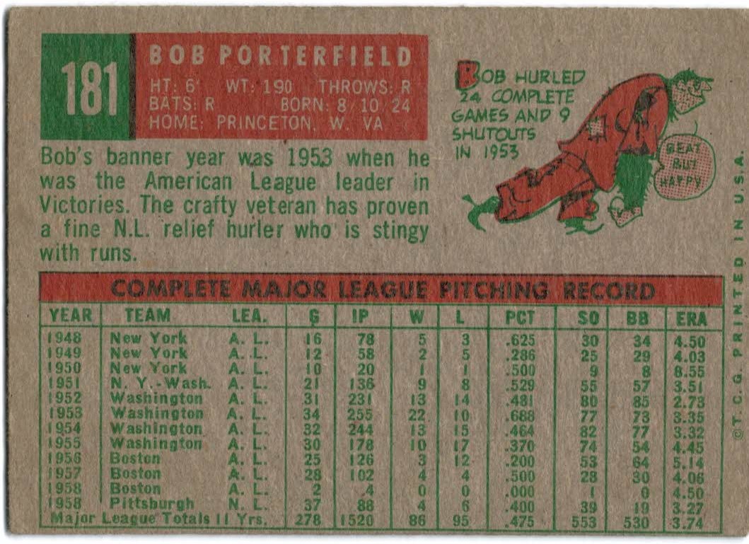 1959 Topps #181 Bob Porterfield back image