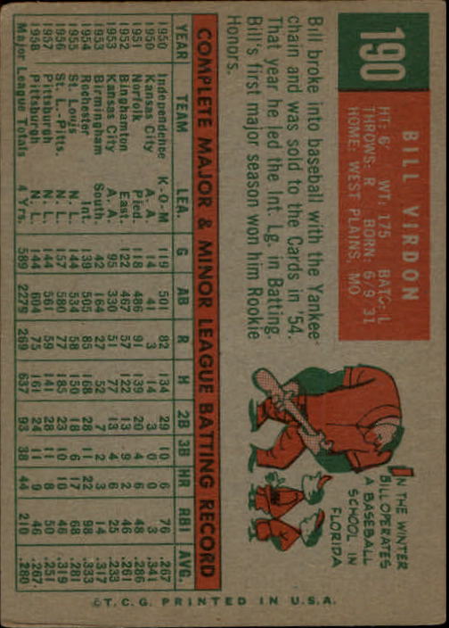 1959 Topps #190 Bill Virdon back image