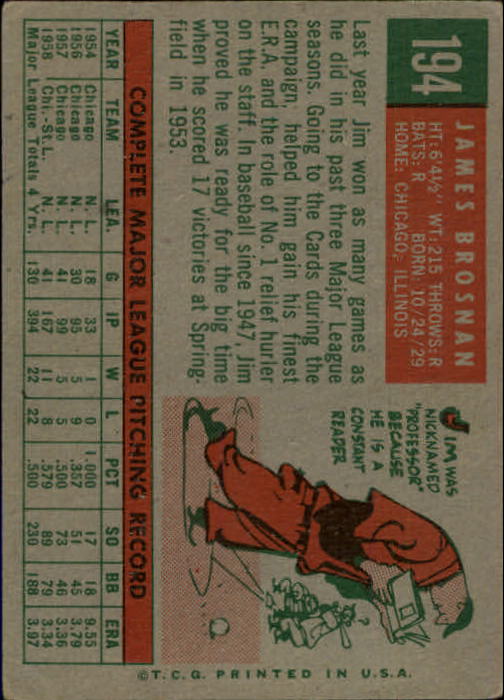 1959 Topps #194 Jim Brosnan back image